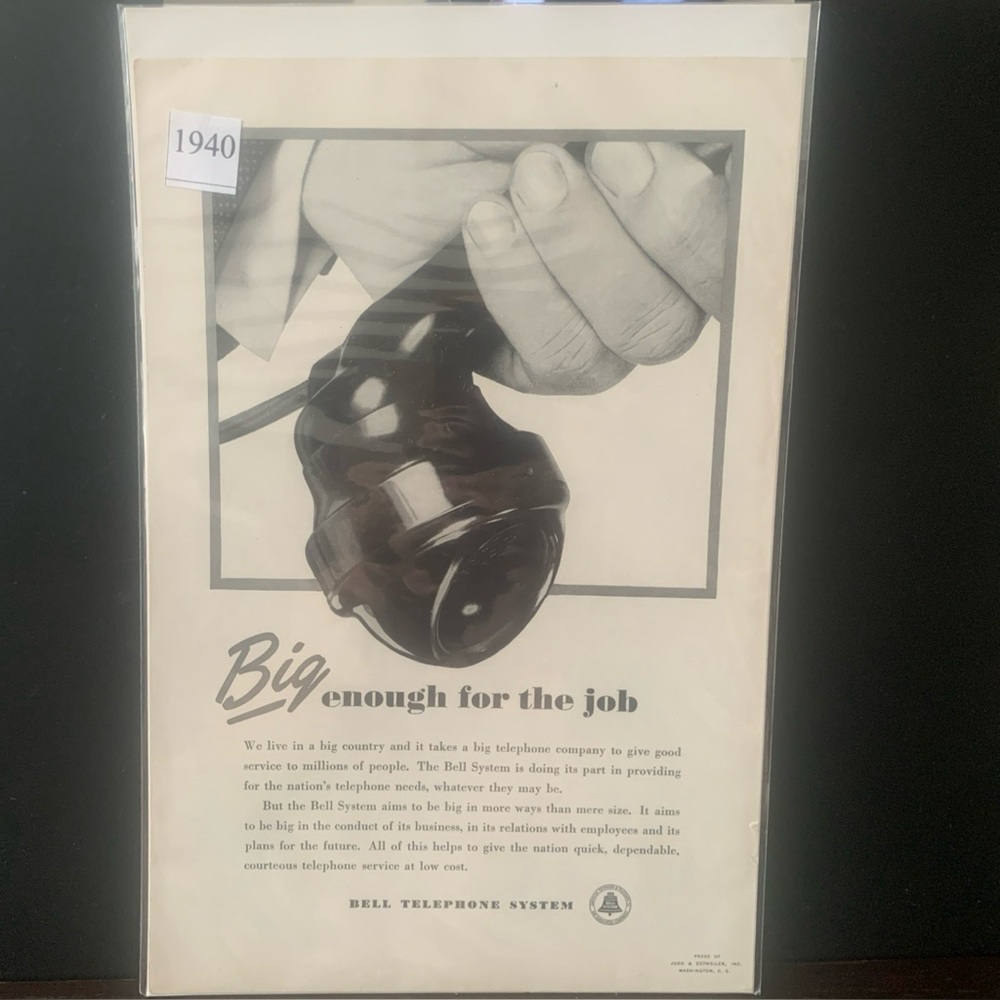 Vintage 1940 Bell Telephone System Big Enough For The Job Ad Advertisement